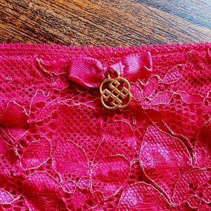 Daisy Fuentes Red Silky Panties pretty lace & soft satin, floral gold metallic